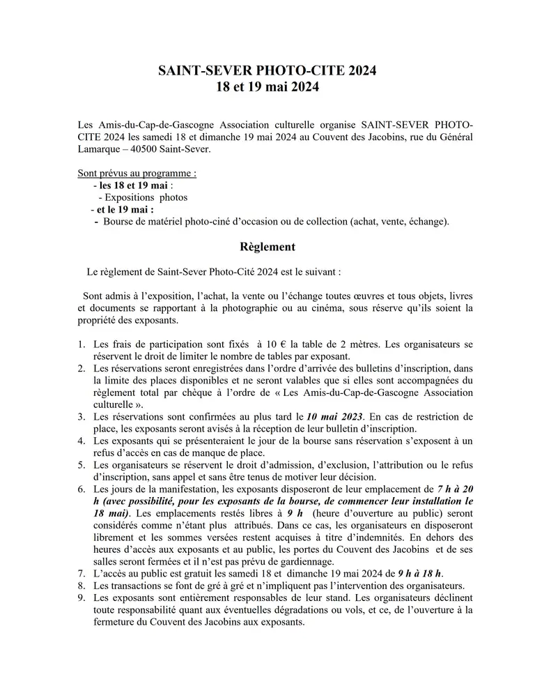 Saint-Sever, Photo-Cité 18 & 19 mai 2024 - règlement - inscription - page 1